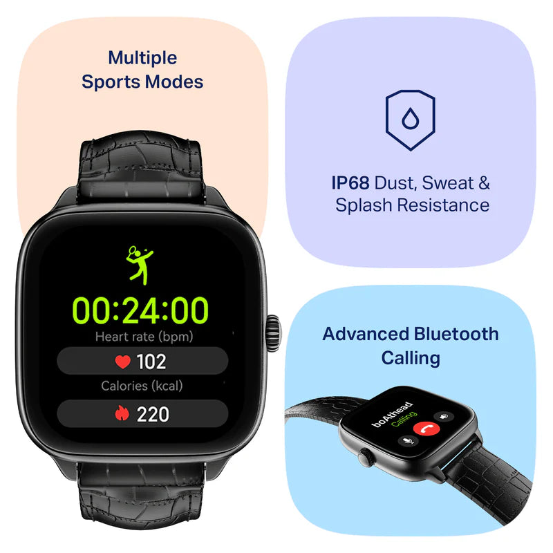 Luxury Square Dial Smartwatch with Leather Strap | Heart Rate & Fitness Tracker