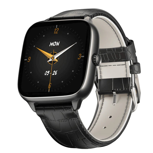 Luxury Square Dial Smartwatch with Leather Strap | Heart Rate & Fitness Tracker